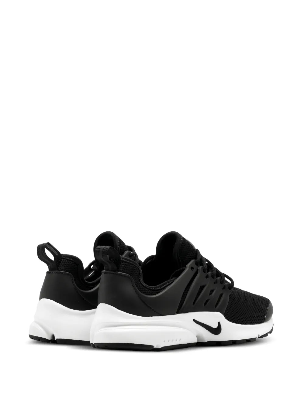 Black Nike running sneakers with heel pull tab, white midsole, and Swoosh detail.