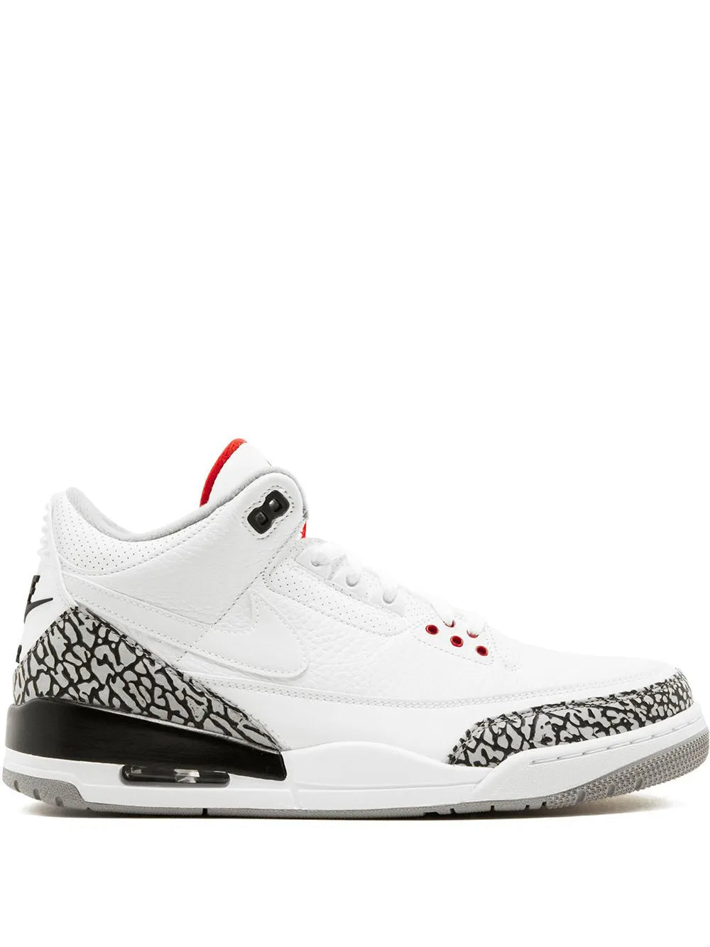 White Air Jordan 3 Retro sneaker with black elephant print and red accents