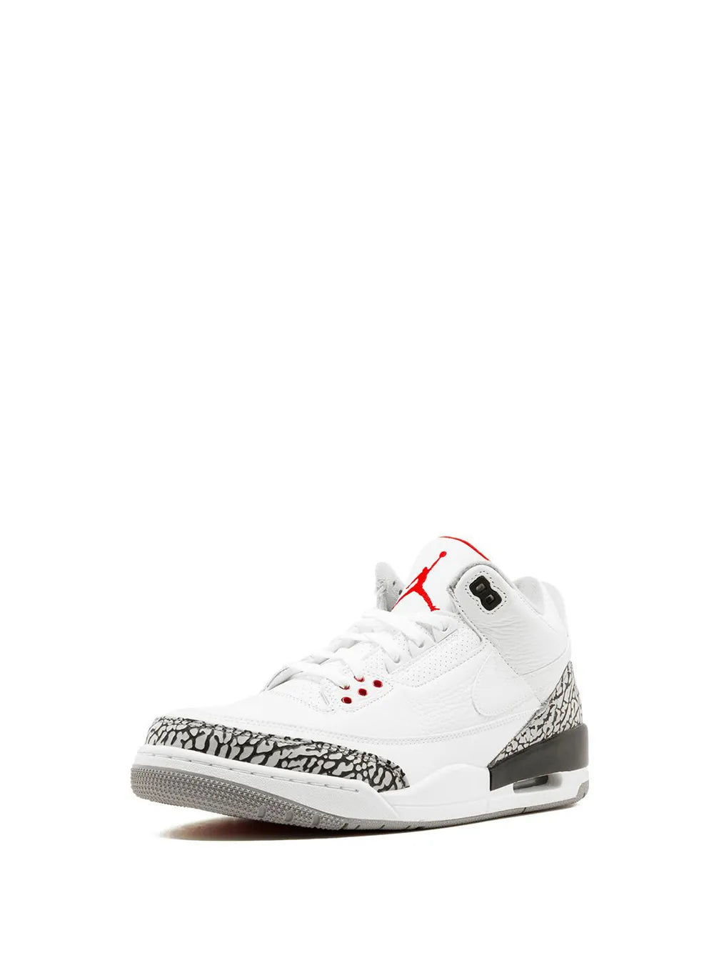 White Air Jordan 3 Retro sneaker with black elephant print mid panel and red lace accents