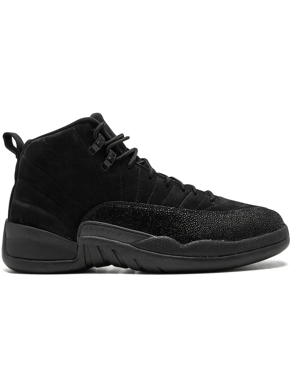 Black high-top lace-up sneakers with padded collar and dark rubber sole