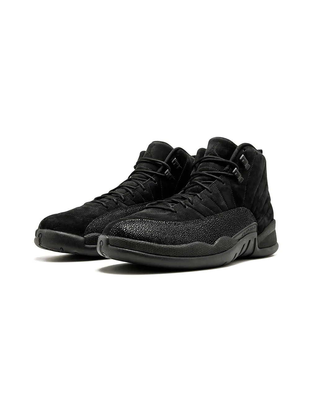 Black high-top sneakers, textured upper and rubber outsole in two-quarter view