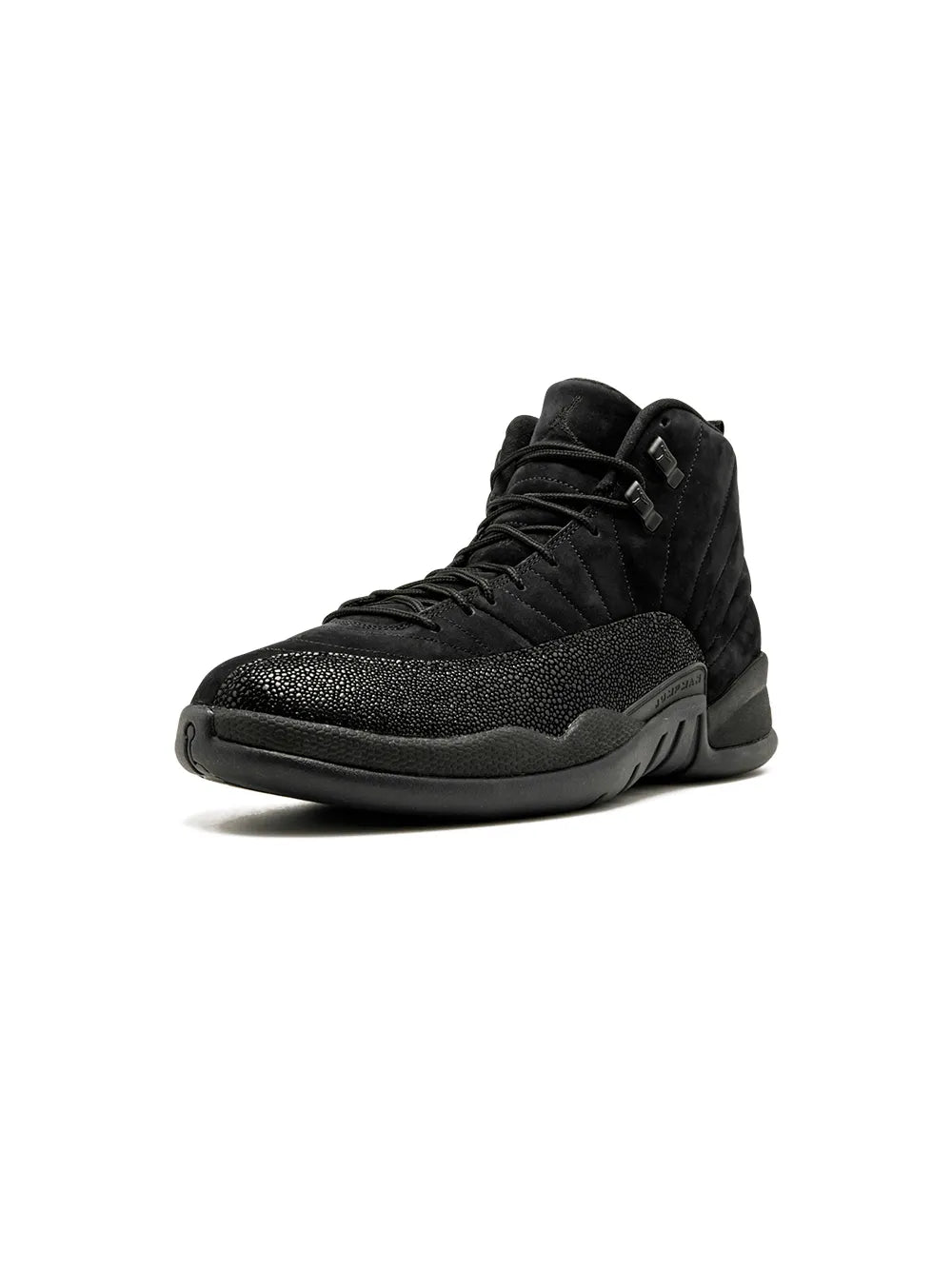 Black high-top lace-up sneakers with textured toe panel and cushioned midsole