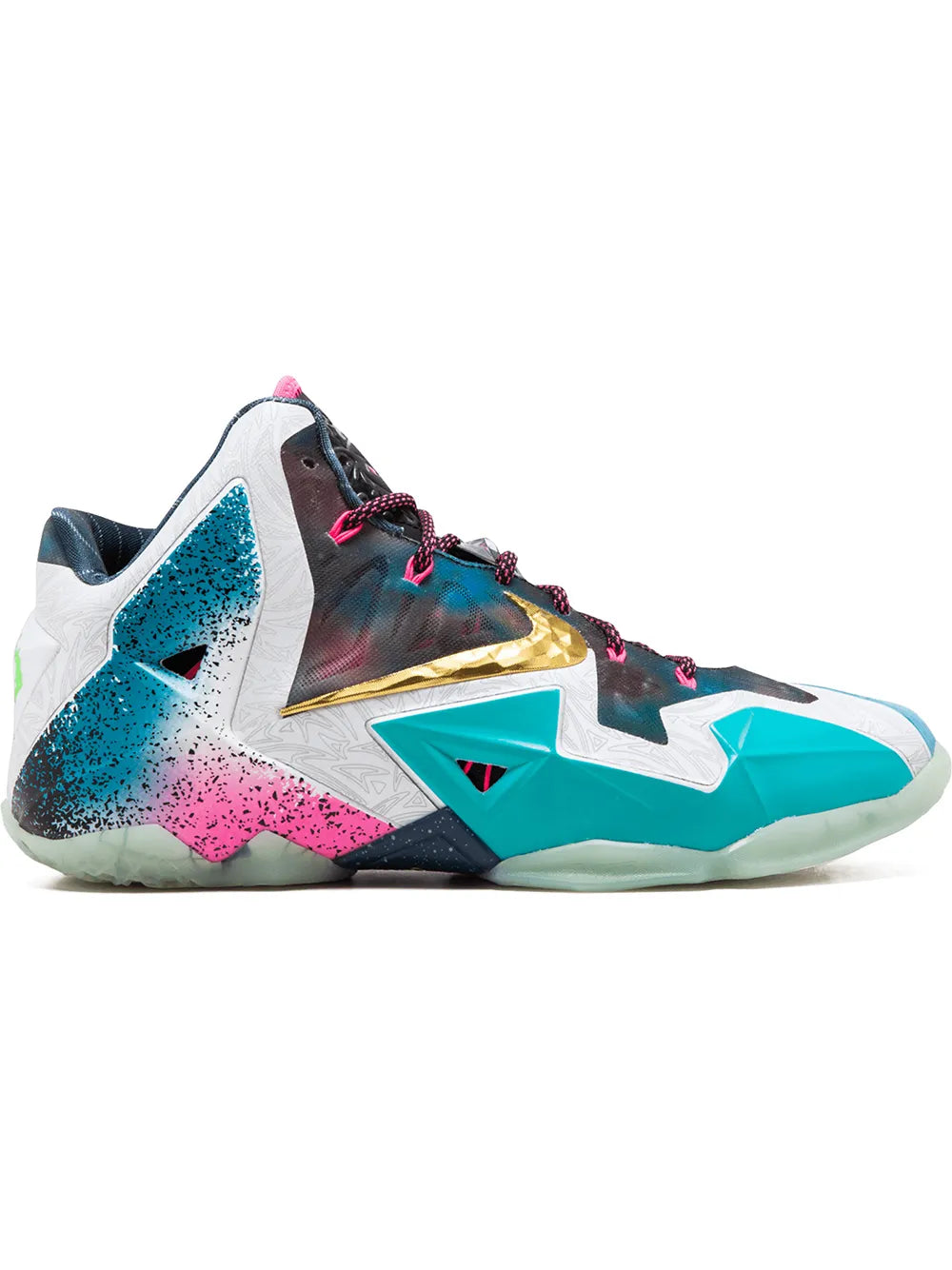 LeBron 11 Premium basketball shoe with multicolor upper and teal midsole