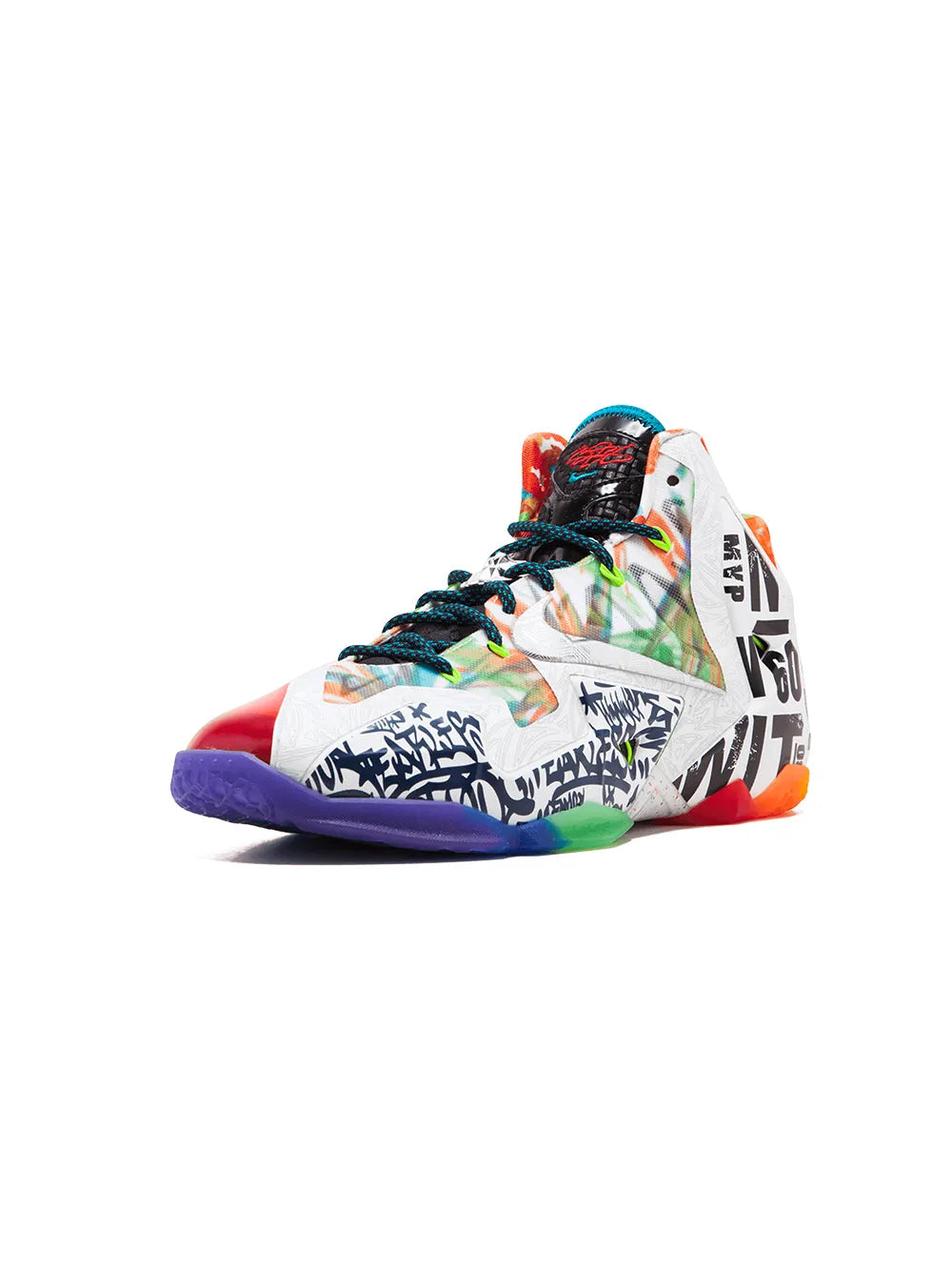 LeBron 11 Premium high-top basketball shoe with multicolor laces and white patterned upper