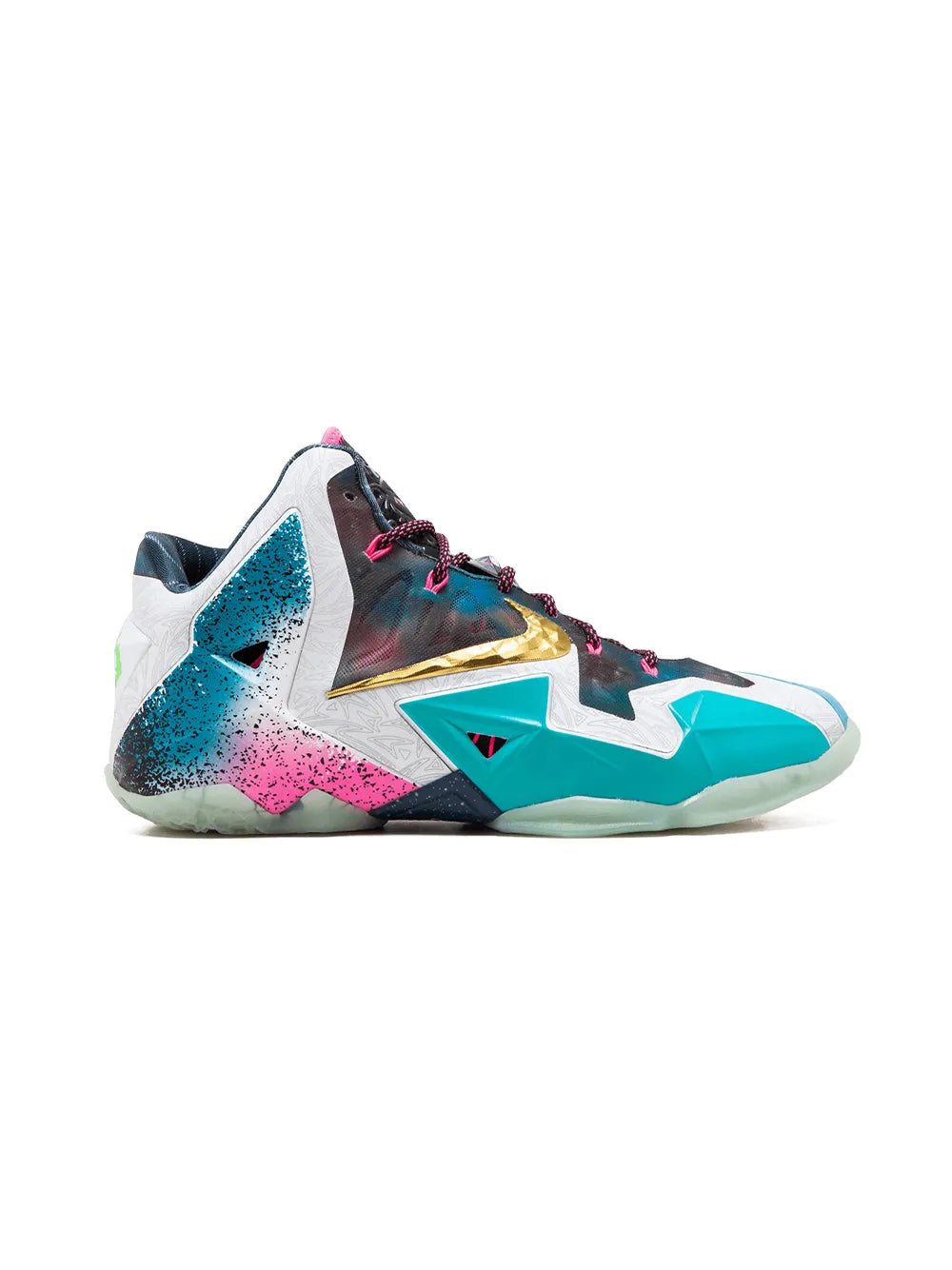 LeBron 11 Premium basketball shoe, side view with teal midsole and pink-black accents