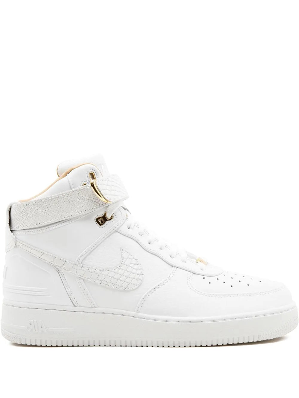 Nike white high-top sneakers with lace-up and swoosh logo, padded collar