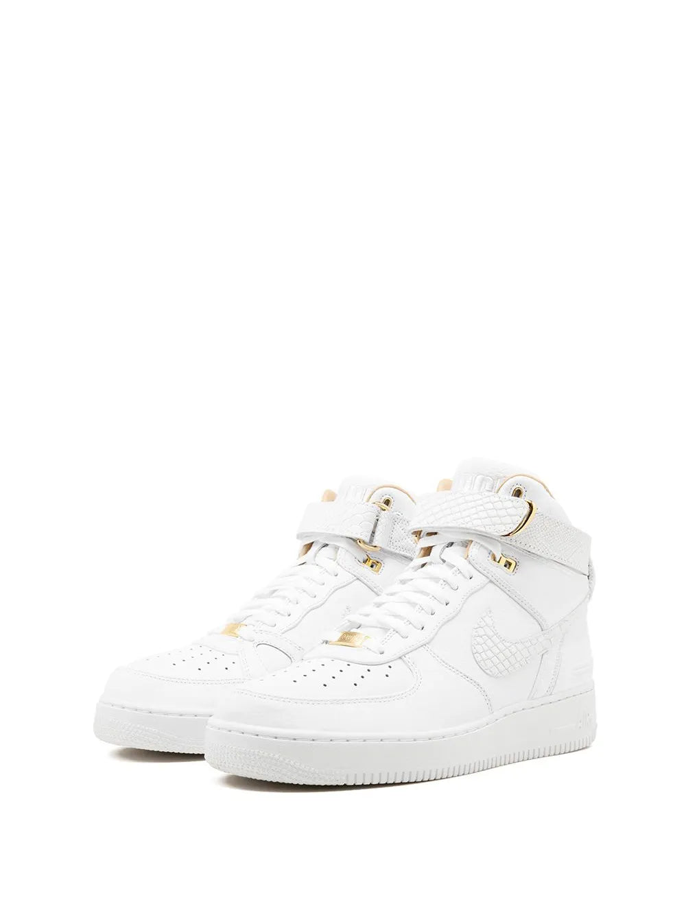 Nike white high-top sneakers, lace-up front view with padded tongue and swoosh