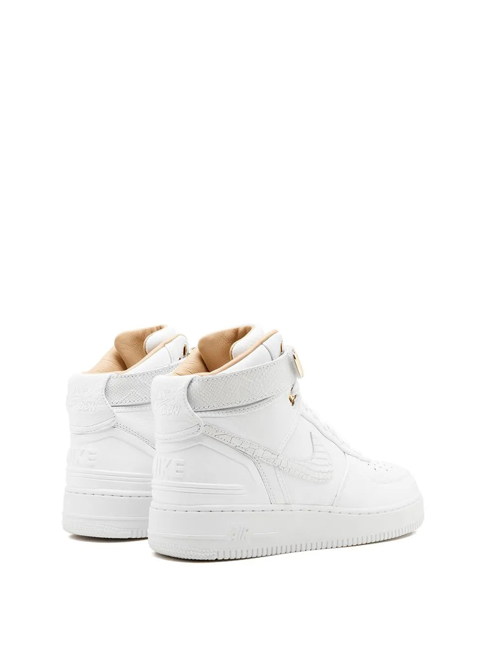 Nike white high-top sneakers, rear view with heel tab and cushioned collar