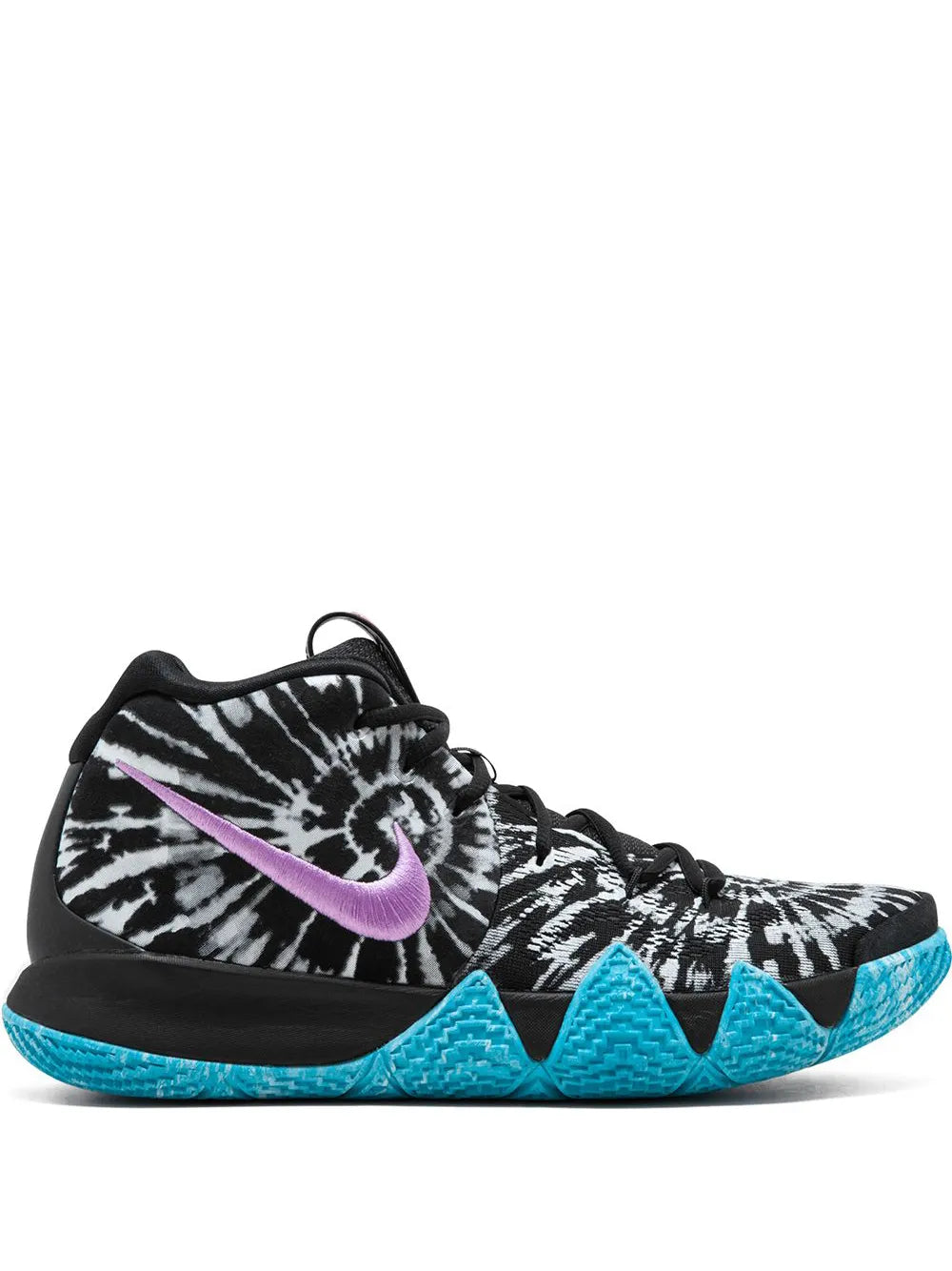 Black Nike basketball shoes with tie-dye print, purple swoosh, bright blue outsole