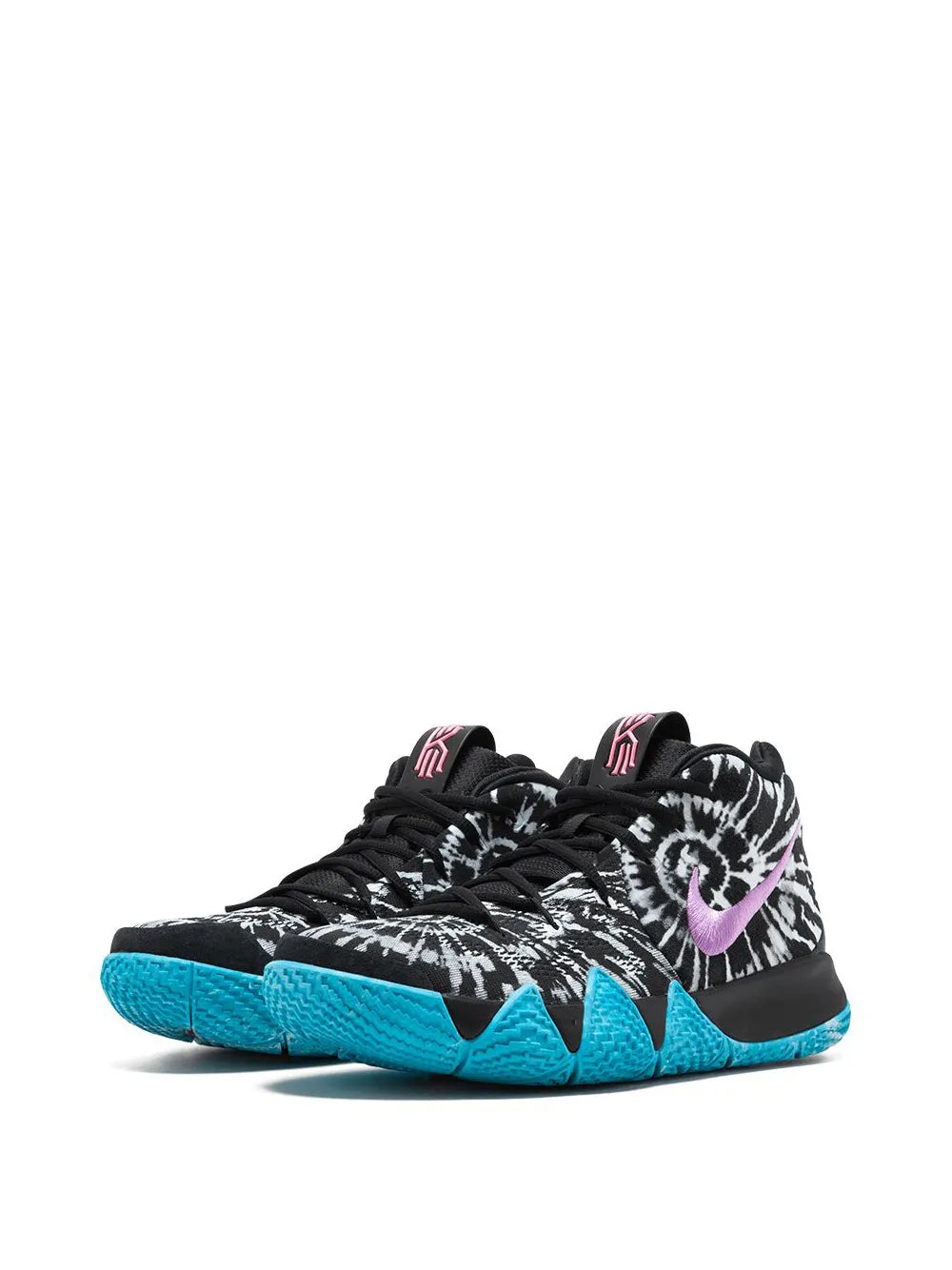 Black Nike basketball shoes, knit tie-dye upper with purple swoosh and blue sole