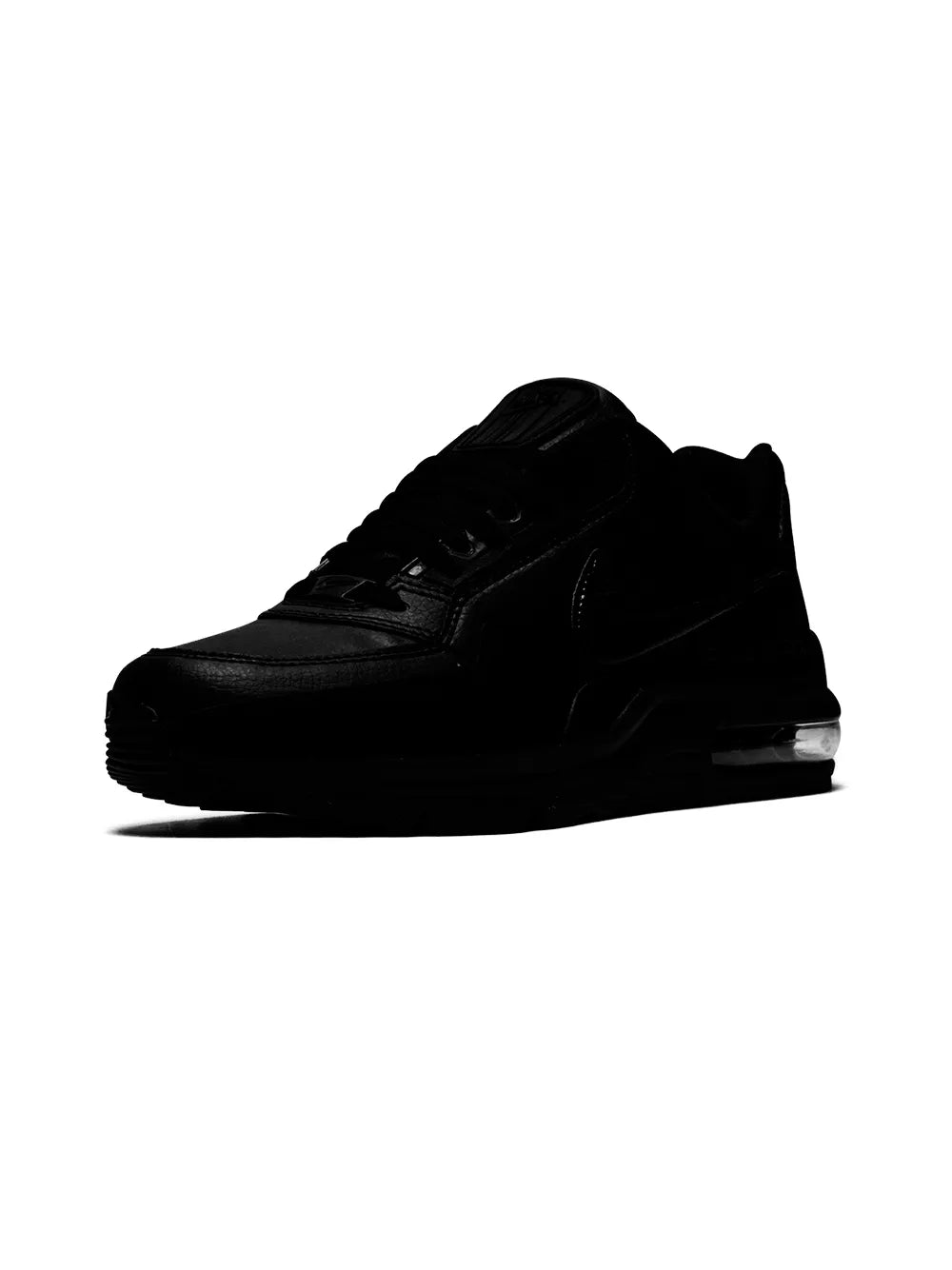 Black low-top lace-up sneakers from front-side, padded collar and Air Max sole.