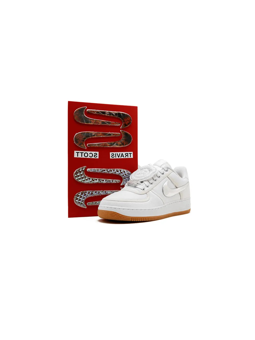 White low-top sneaker with red hangtag and gum rubber sole
