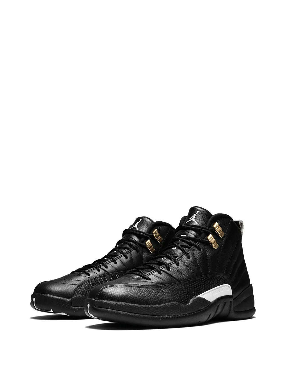 Black leather high-top sneaker, side view with white accent and gold eyelets