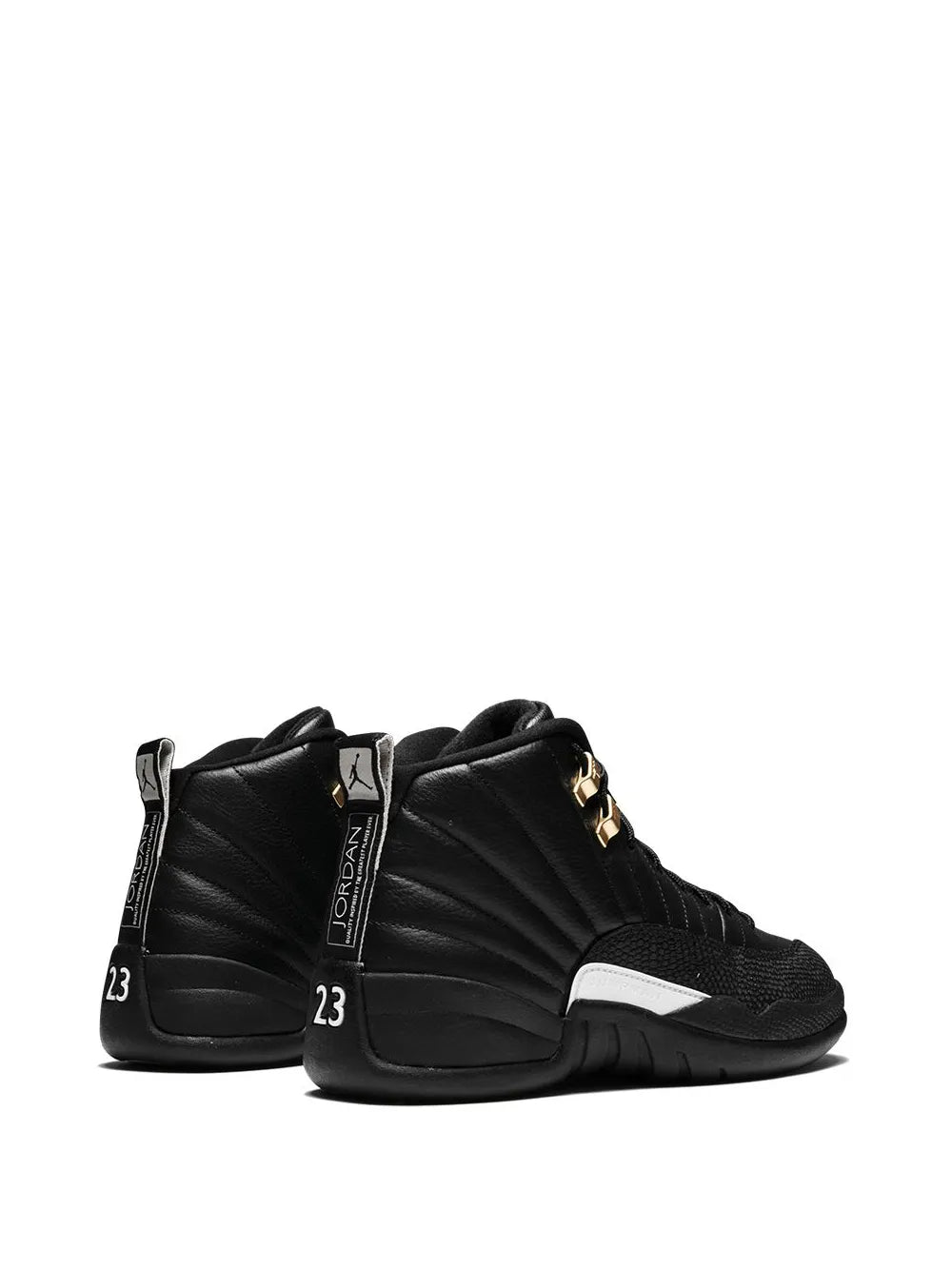 Black high-top sneaker, heel view with gold accents and '23' heel markings
