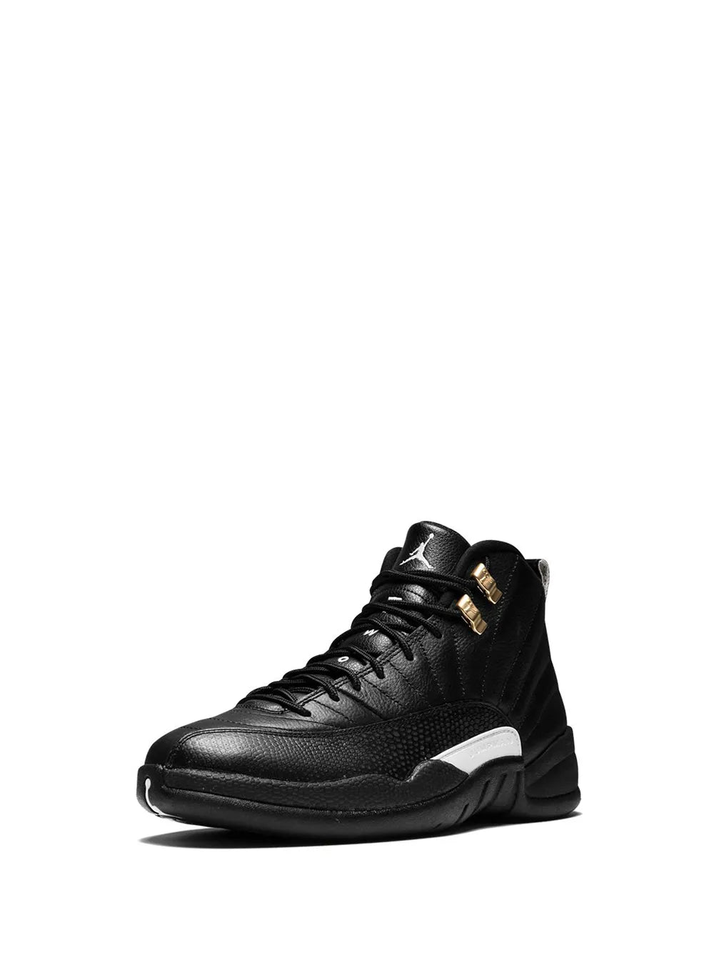 Black leather high-top sneaker, front quarter view with white side stripe