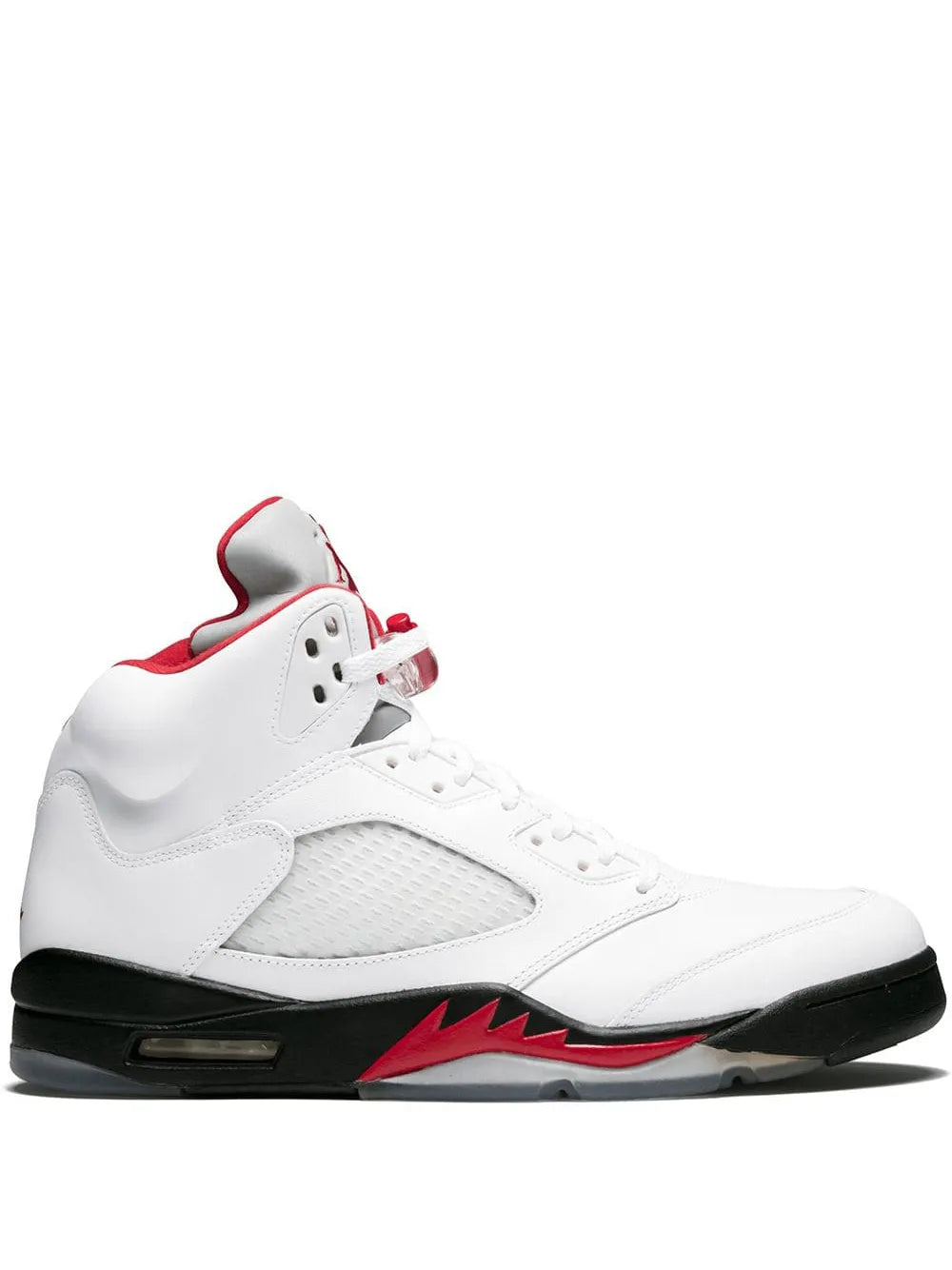 White high-top sneakers with red accents, lace-up and black outsole