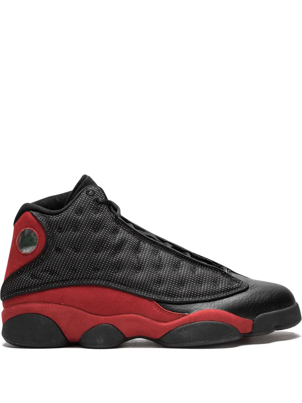 Black and red lace-up retro basketball sneakers with textured upper and rubber sole