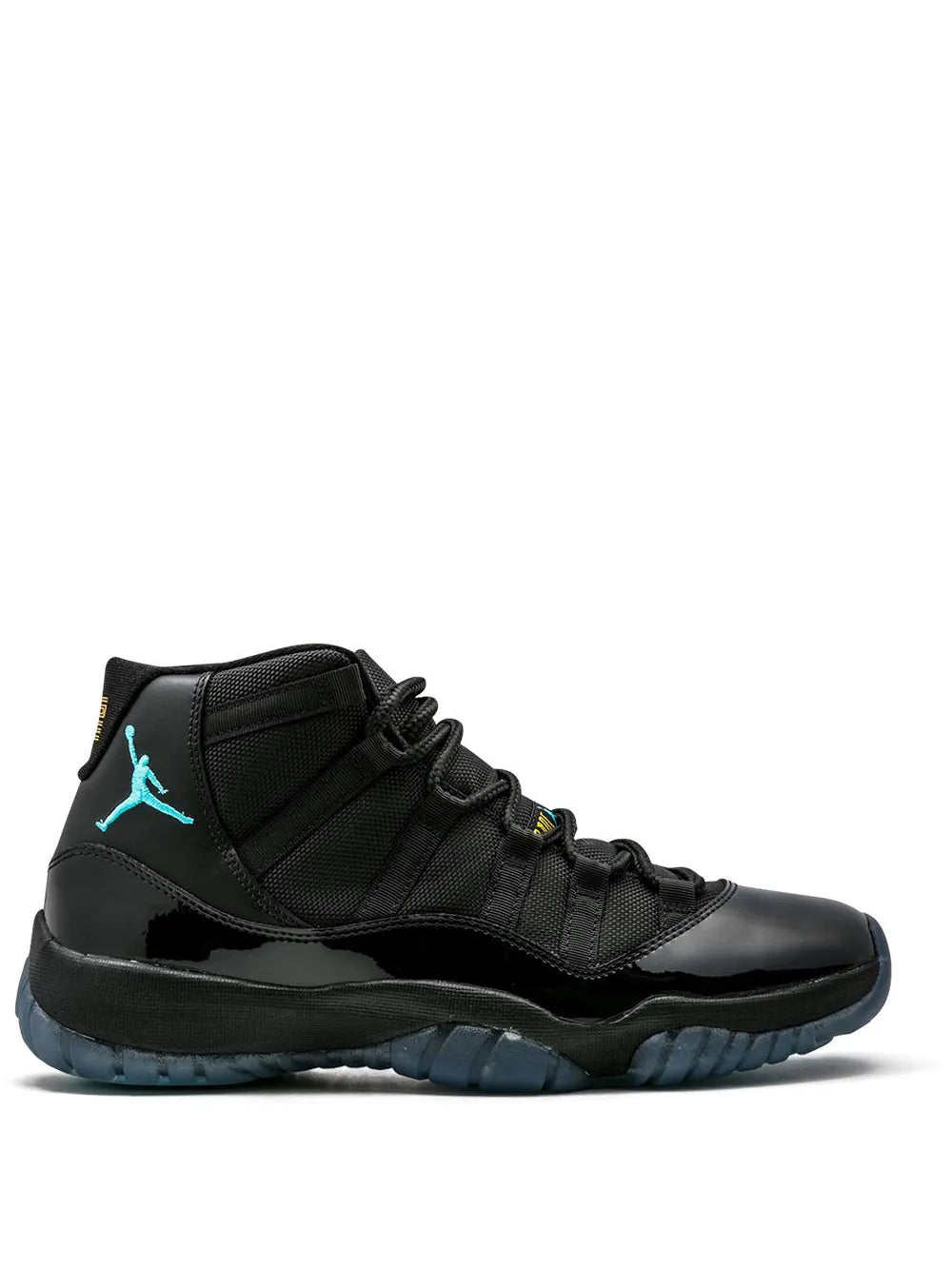 Air Jordan 11 Retro black high-top sneakers, lace-up with Jumpman and blue accents