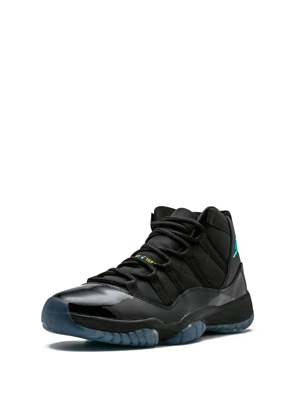 Black high-top sneakers with teal side logo and patterned blue sole