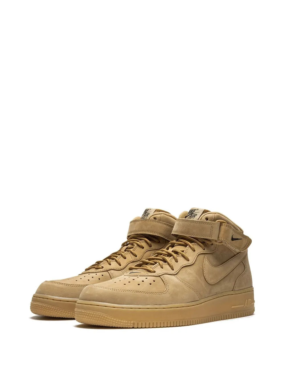 Beige high-top sneakers with side Swoosh, lace-up eyelets, and padded collar