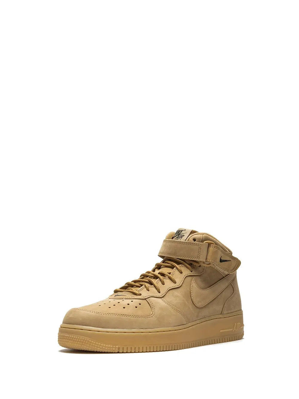 Beige high-top sneakers with Nike Swoosh on side and lace-up closure