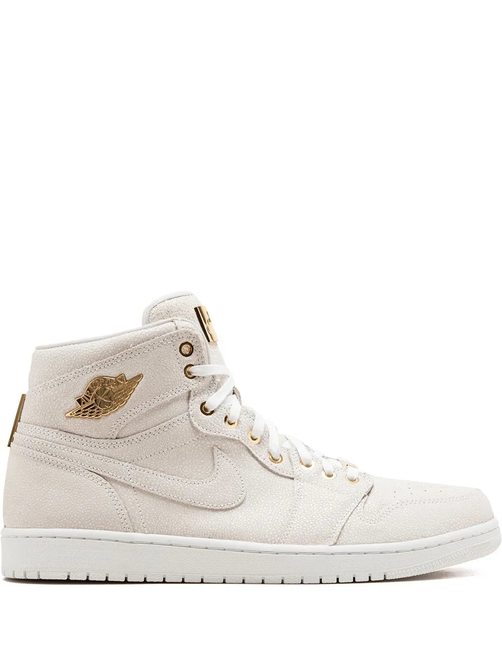 Air Jordan 1 Pinnacle white high-top sneakers with gold logo accents