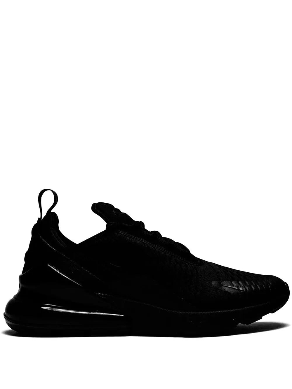 Nike Air Max 270 black low-top knit running shoes with lace-up closure.
