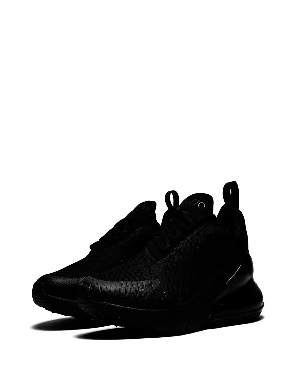 Nike Air Max 270 black knit sneakers with Swoosh overlays and cushioned sole.