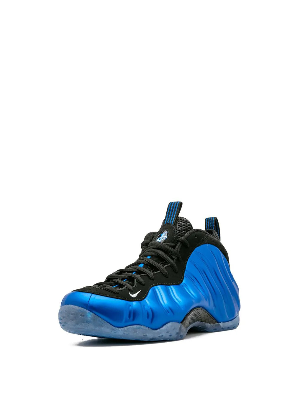 Nike Foamposite One lace-up sneakers, black-and-blue high-top profile