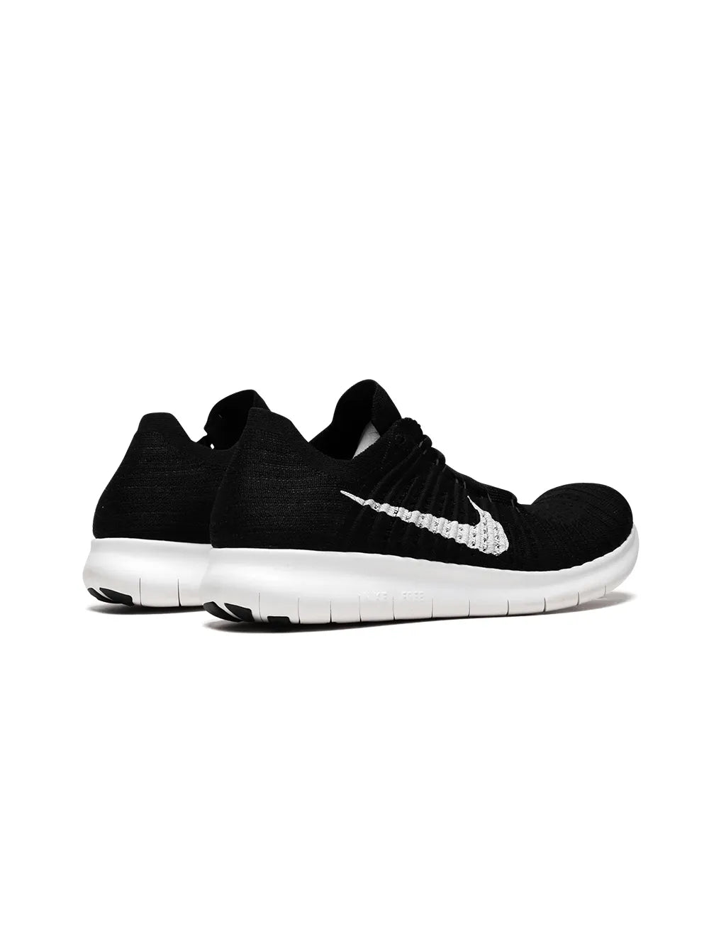 Black knit running shoe with white Swoosh and low-profile white sole