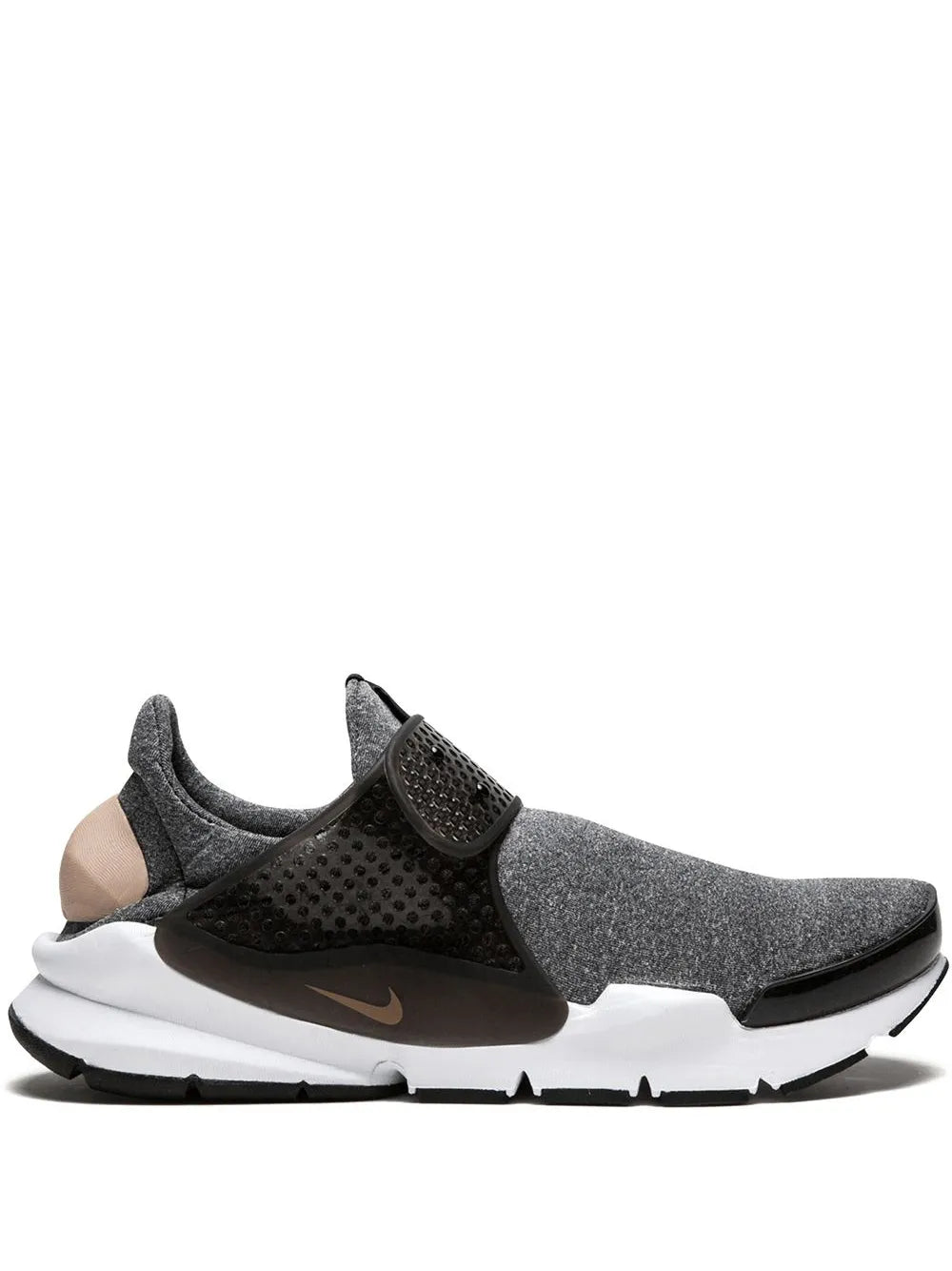 Black and dark gray slip-on knit sneaker with rear pull tab and white midsole