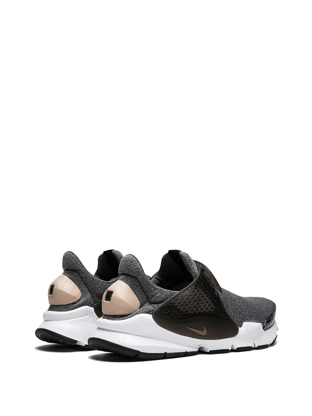 Pair of dark gray slip-on sneakers with sculpted white midsole and beige sock accents