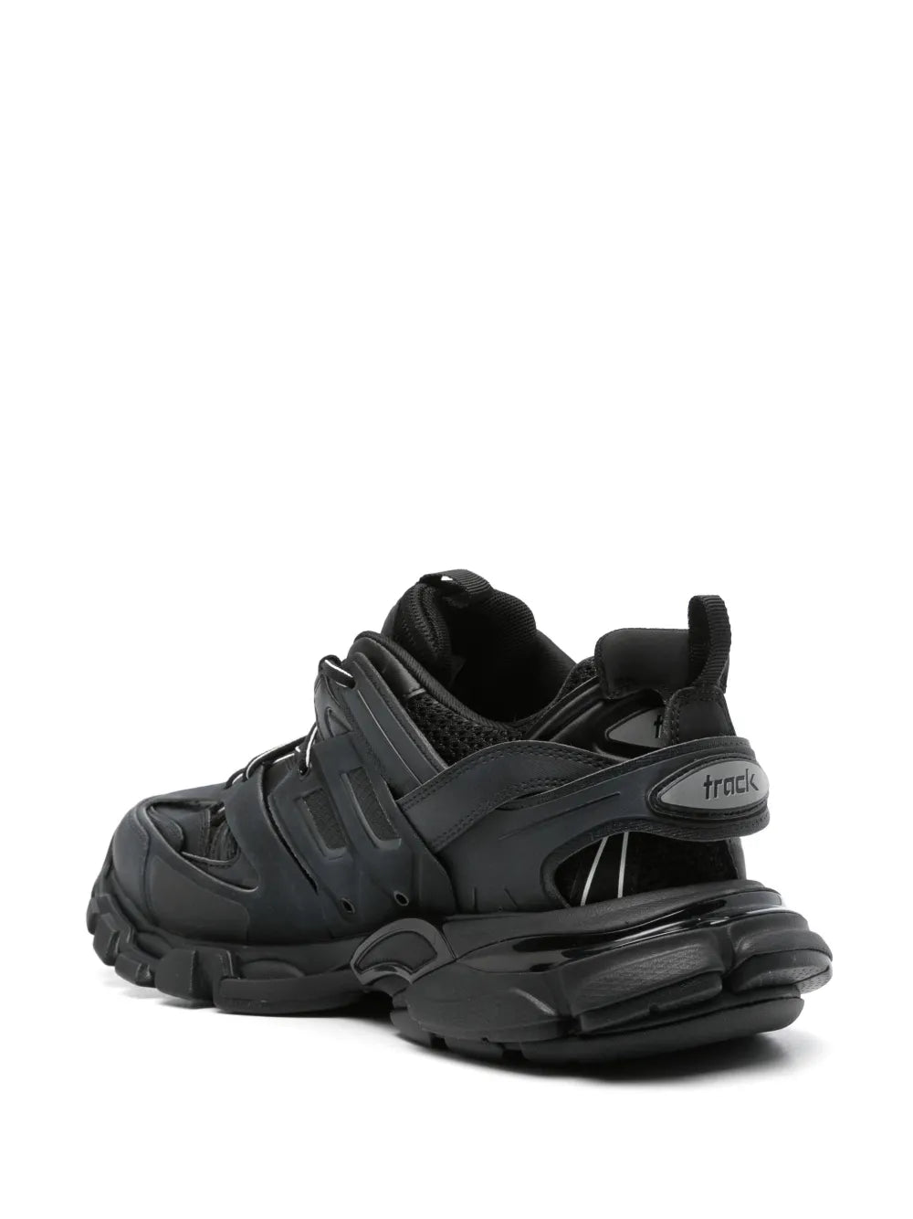 Balenciaga black low-top track sneaker, heel and side profile with 'track' detail