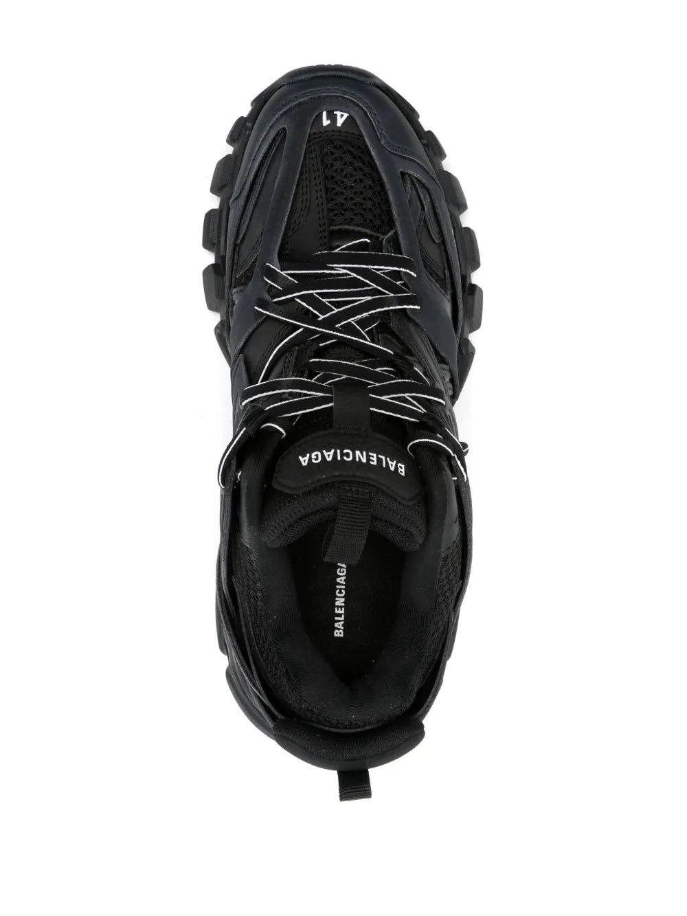Balenciaga black low-top track sneaker, top view showing lace-up and textured panels