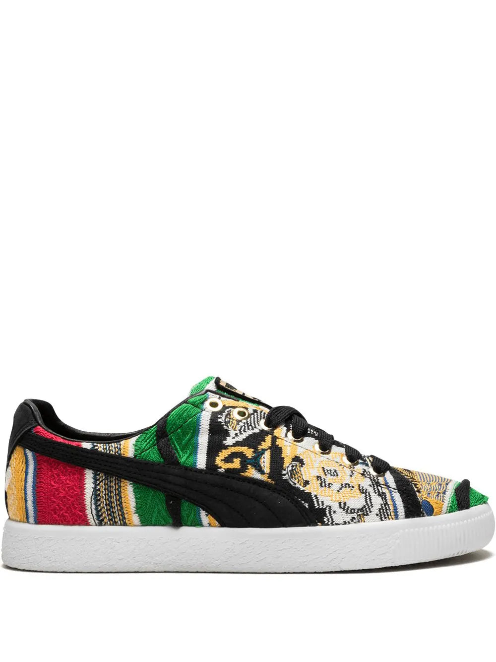 PUMA Clyde Coogi low-top sneakers, multicolor knit with black side stripe and white sole