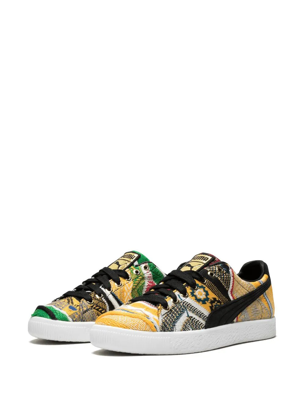Low-top sneakers with multicolor patchwork knit upper, black side stripe and white sole