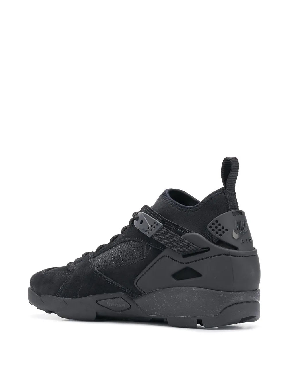 Nike black mid-top sneaker, angled view with heel branding and rubber tread