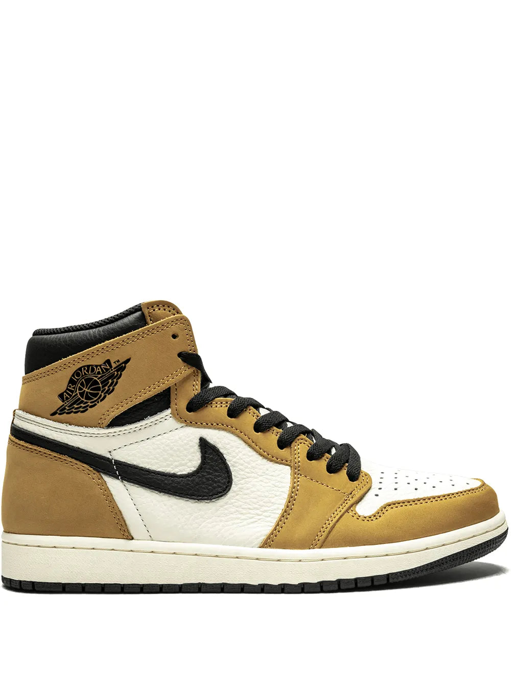 Air Jordan 1 high-top sneakers in white, brown, and black, with Nike swoosh