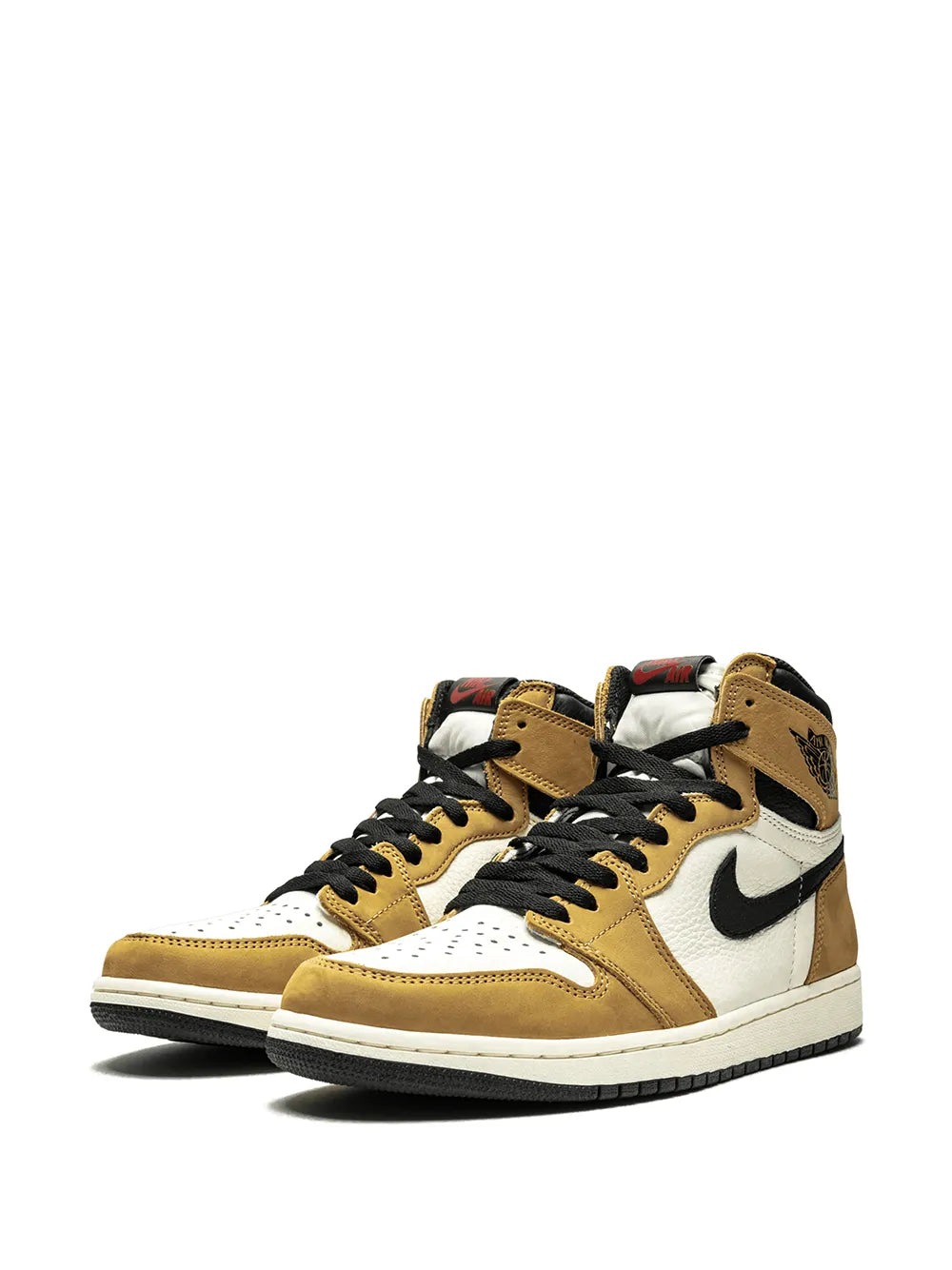 Air Jordan 1 high-top sneakers, pair view, white with brown panels, black laces, Nike swoosh