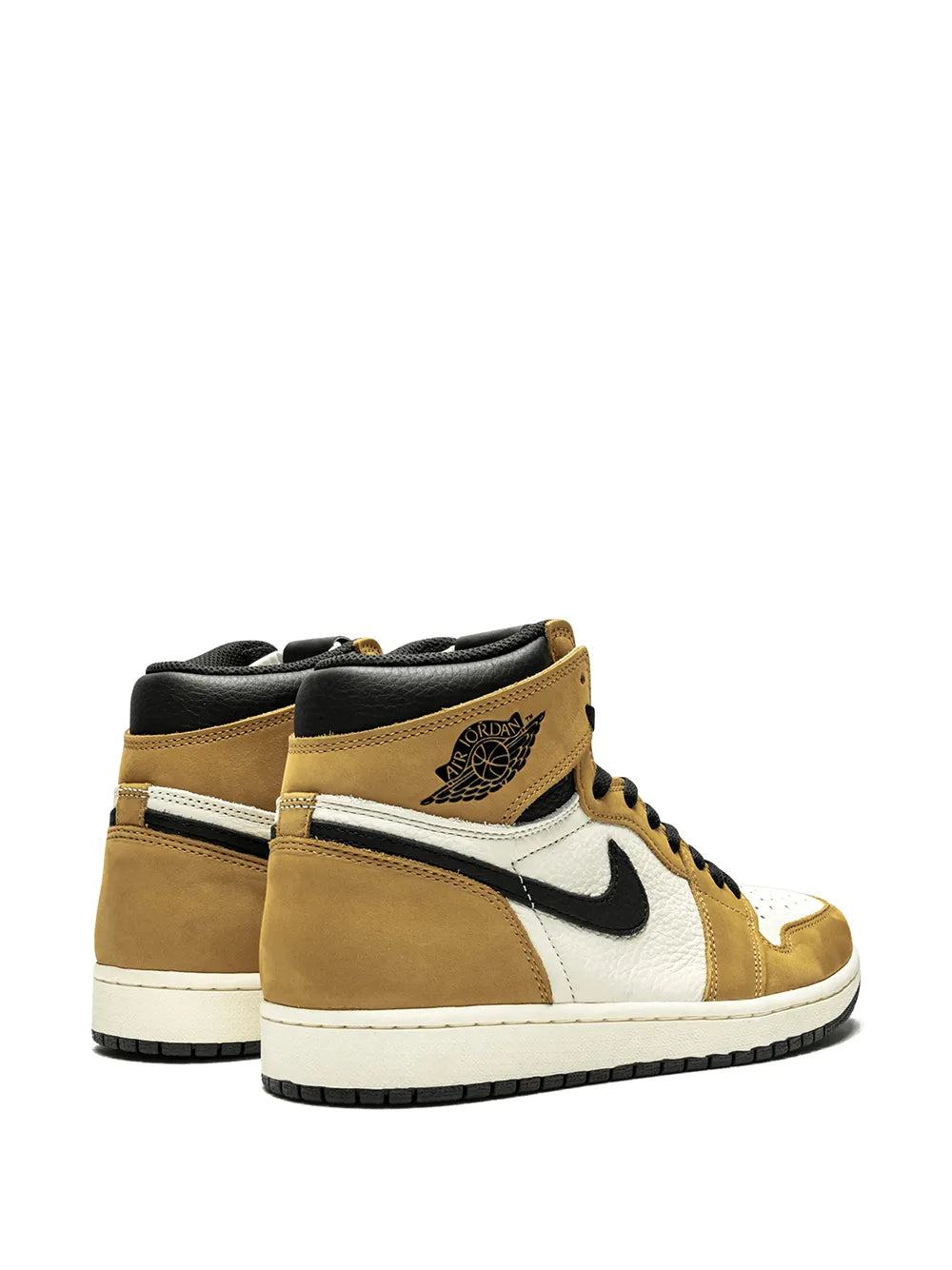 Air Jordan 1 high-top sneakers, side view, brown suede panels, white leather, black swoosh