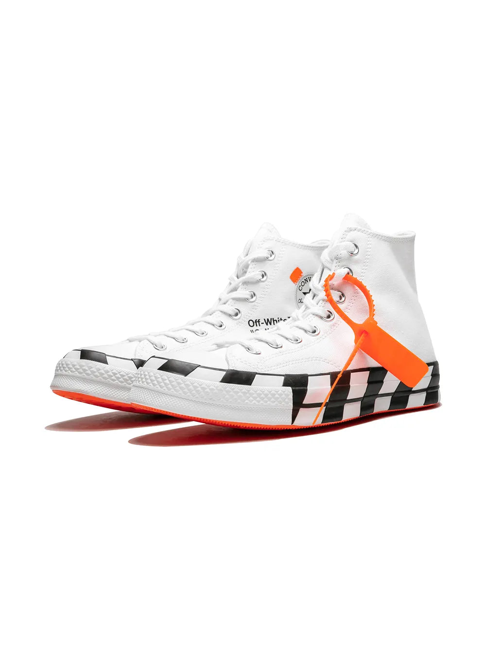 Off-white high-top Chuck Taylor sneaker with black checkered stripe and orange tag