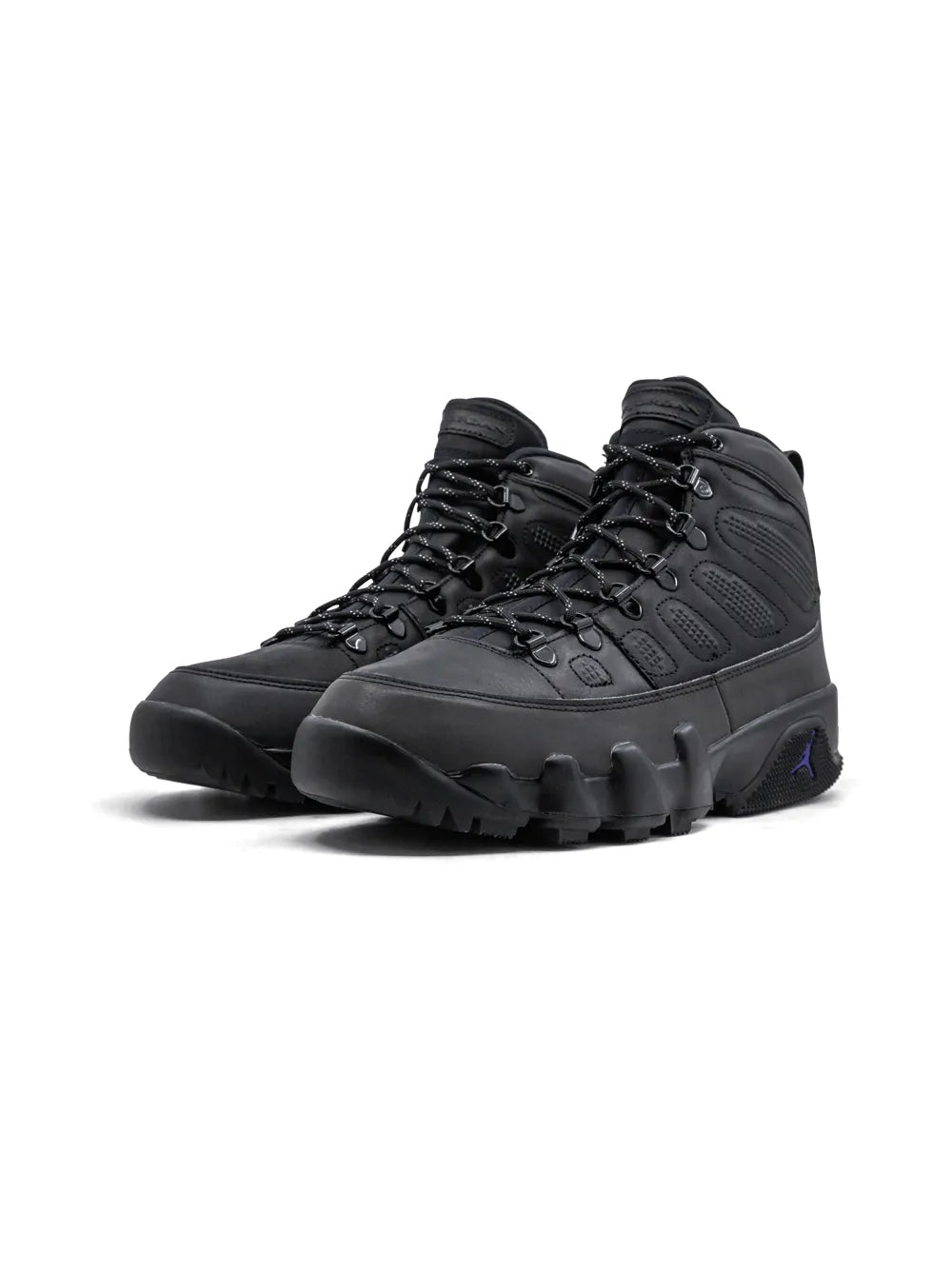 Black high-top lace-up boots, side view, rugged lugged sole and blue accent logo