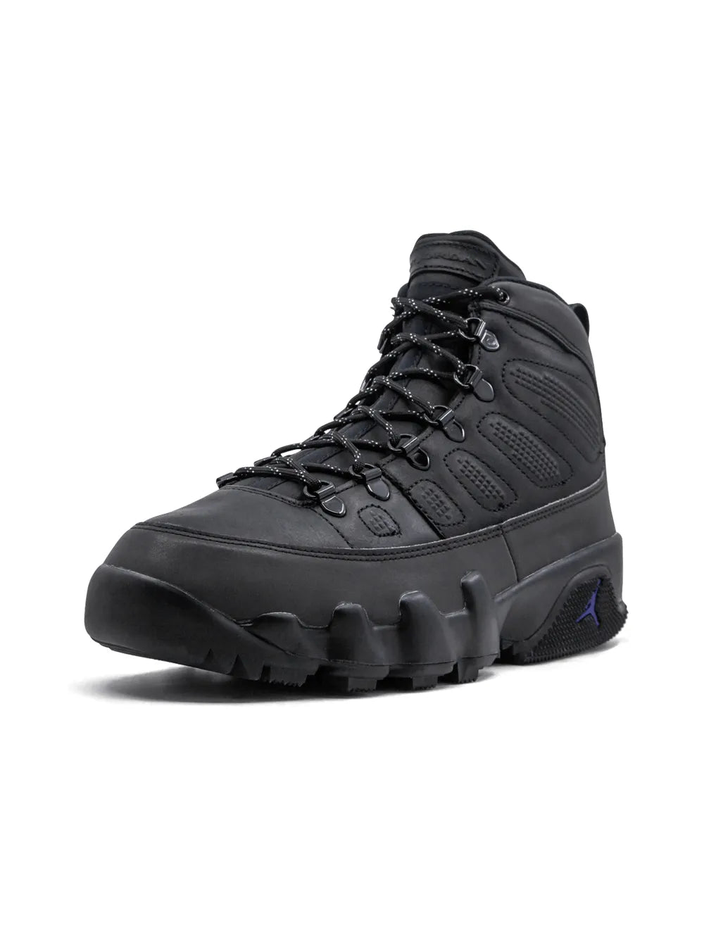 Black high-top lace-up boots, front 3/4 view, rugged lugged sole and blue logo