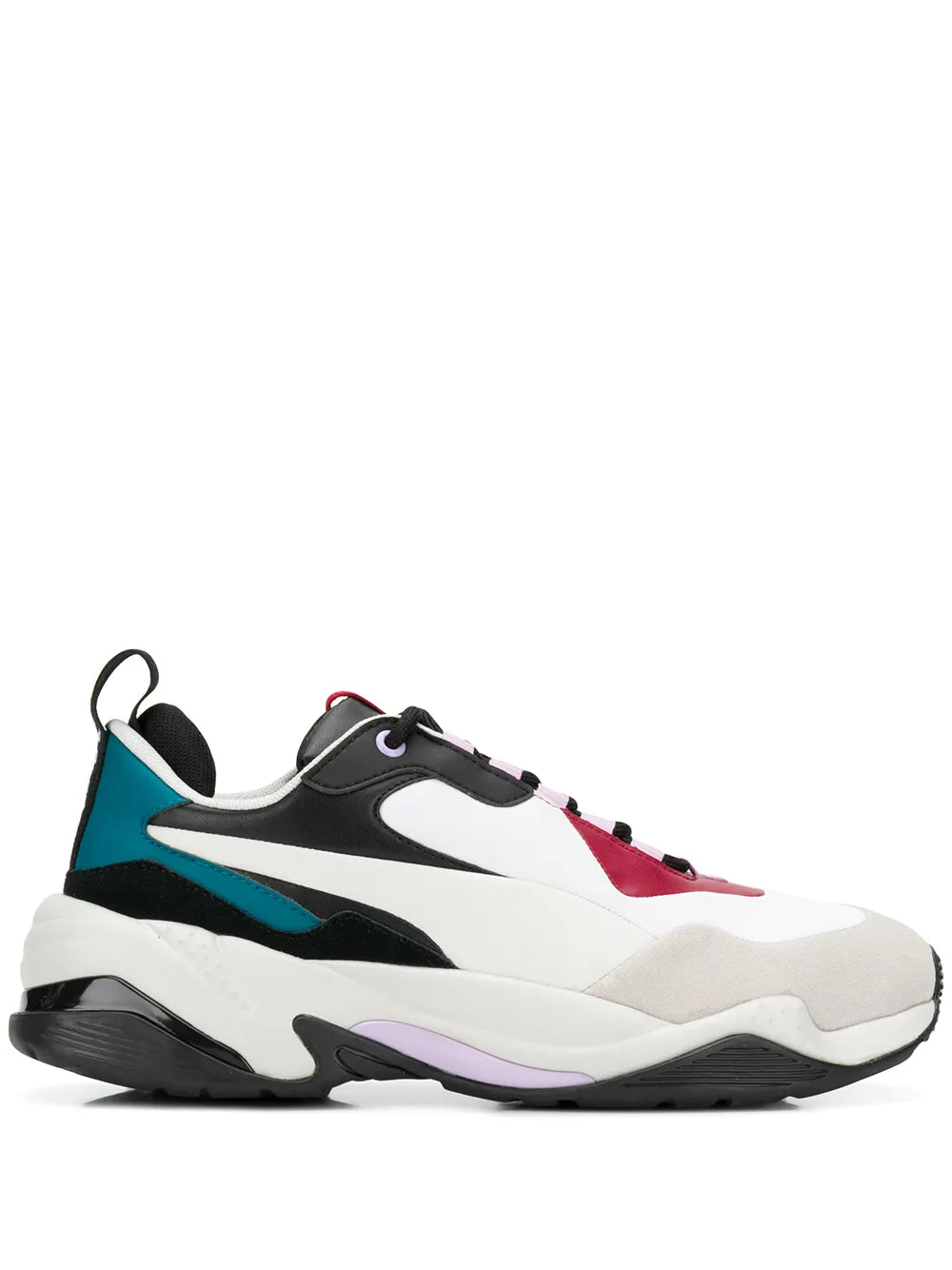 Men's running sneaker with white upper, black overlays, and red and teal accents