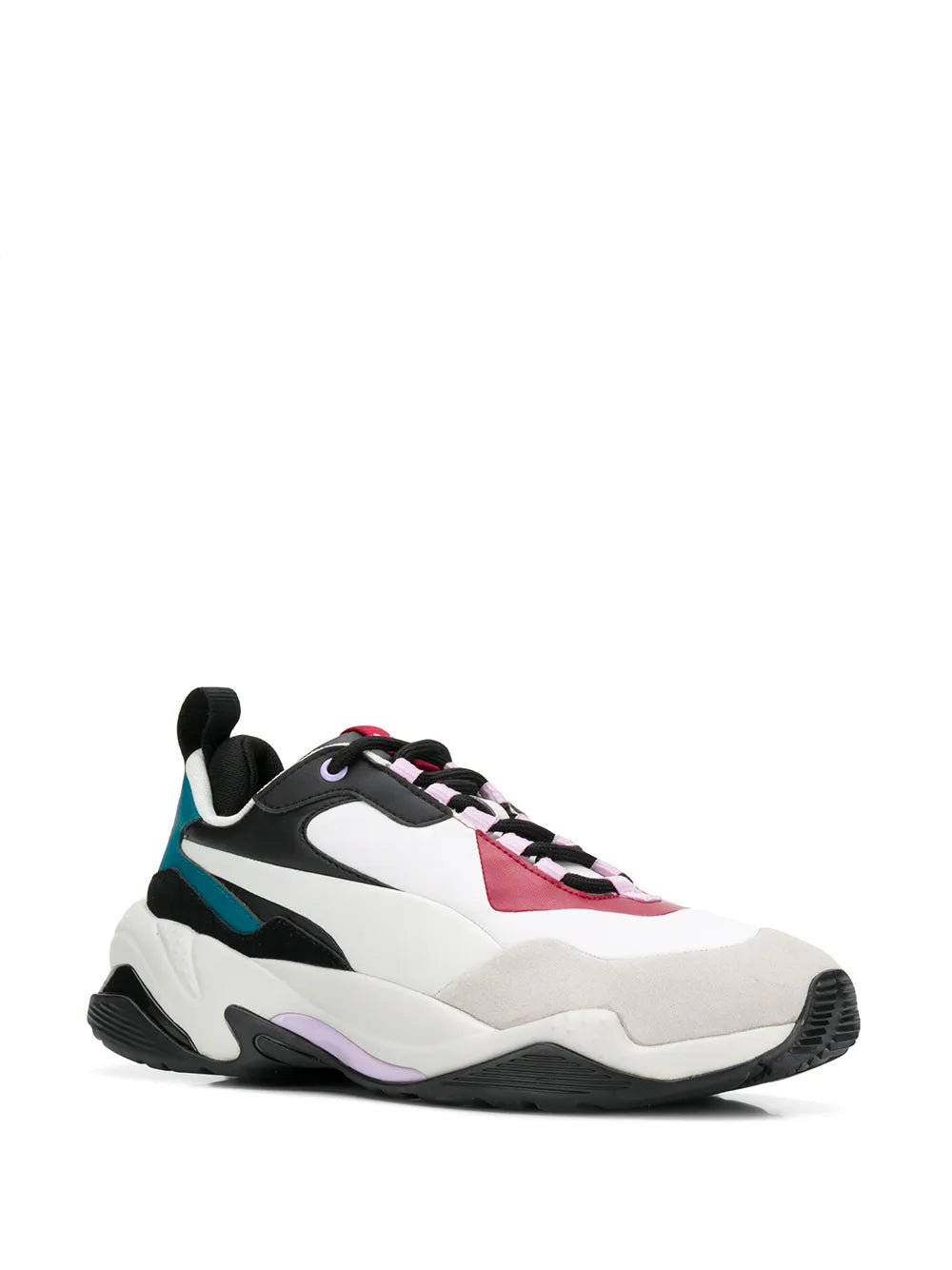 Men's running sneaker, side view, white upper with red, teal and black panels