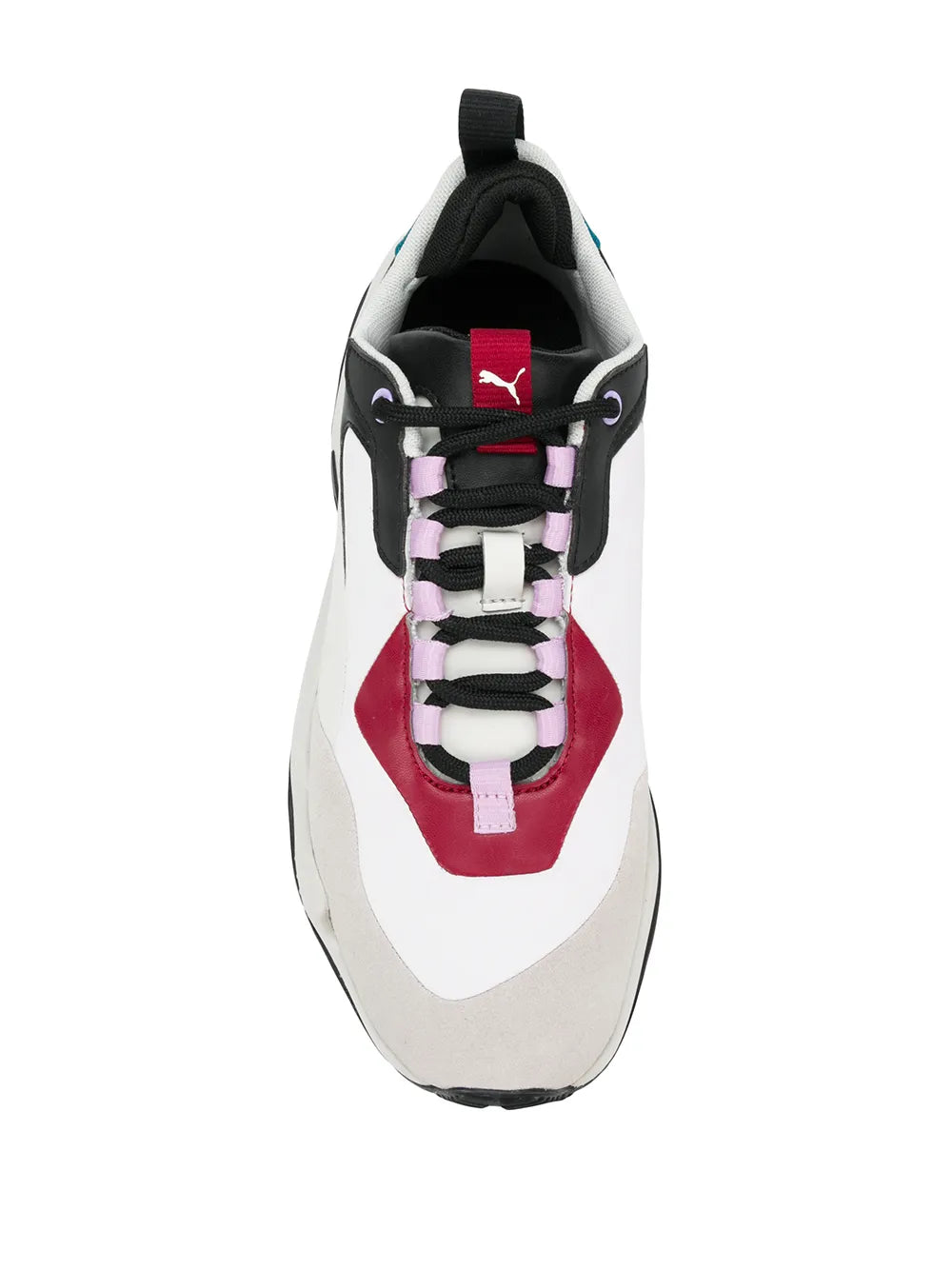Men's running sneaker lace-up front with white and red panels, black lining