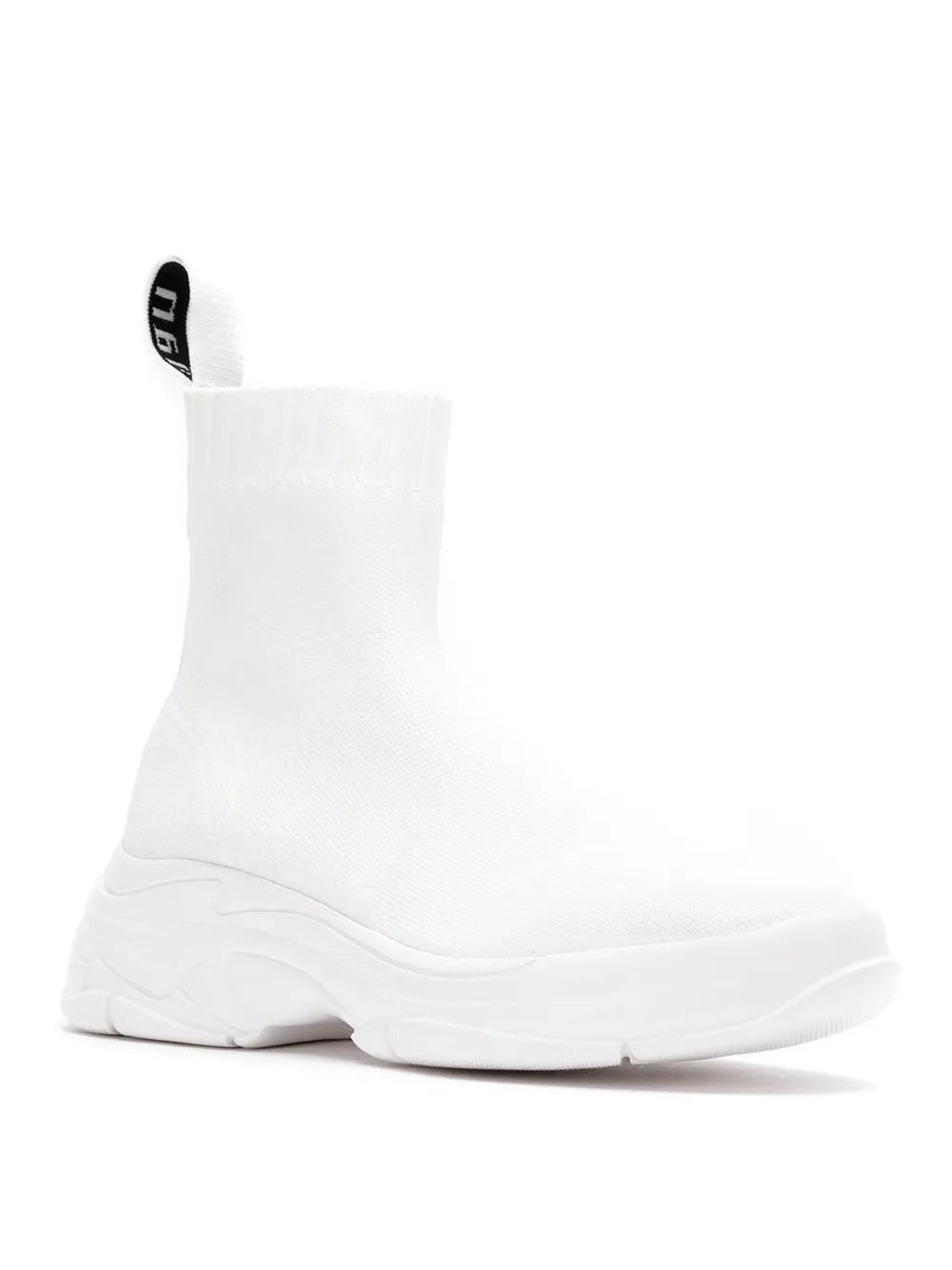White knit ankle boot with black logo pull tab and chunky sole