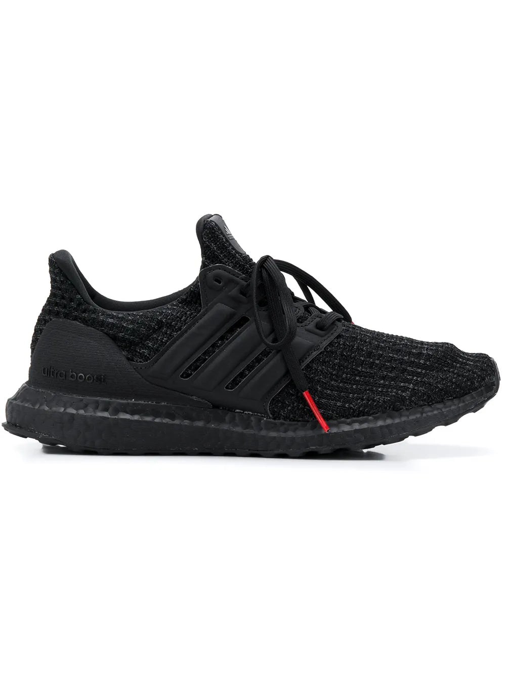 Black adidas running sneaker with knit upper, lace-up, and Boost-style midsole