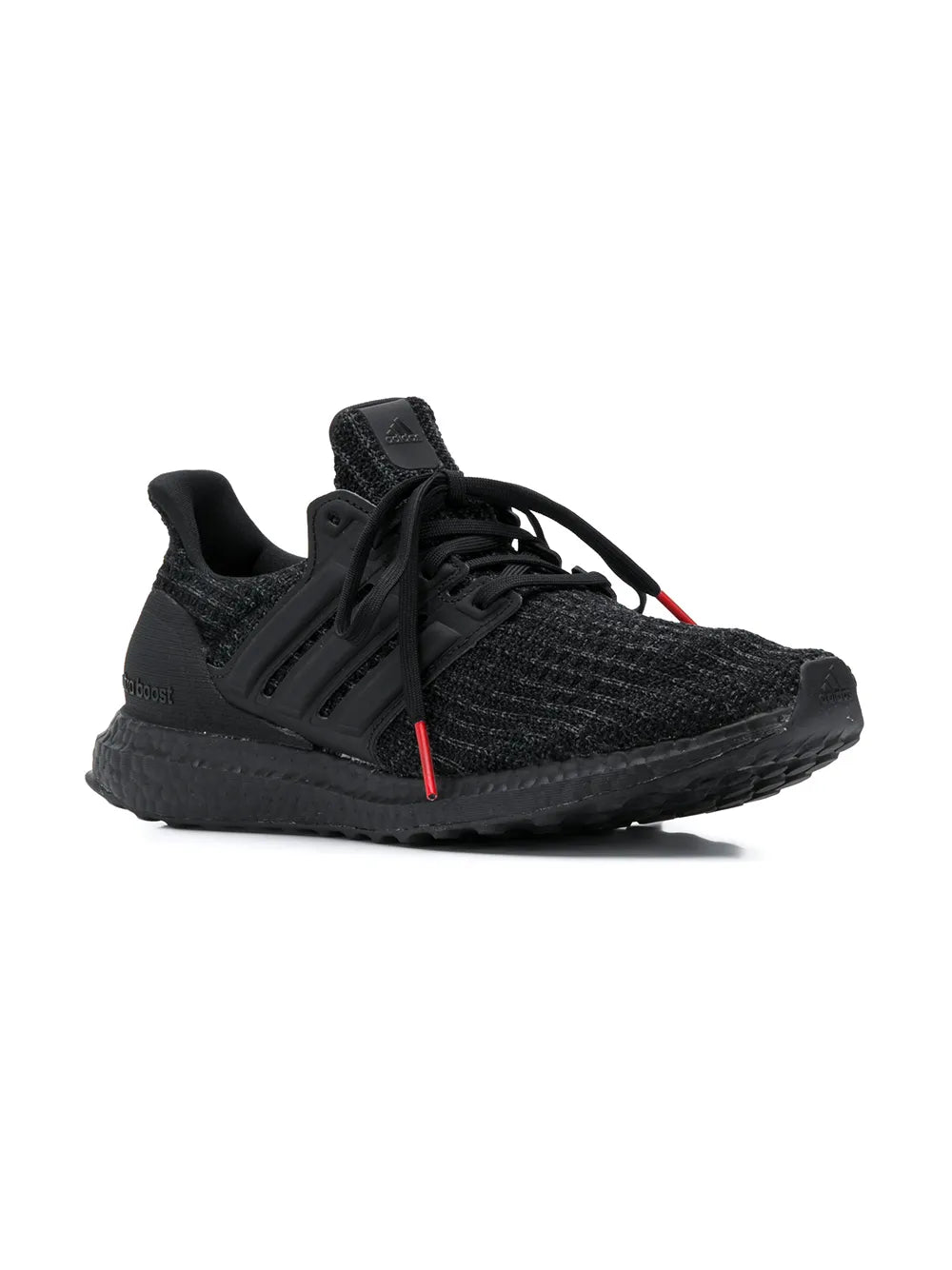 Black adidas running sneaker, side view, knit texture with lace-up and heel cage