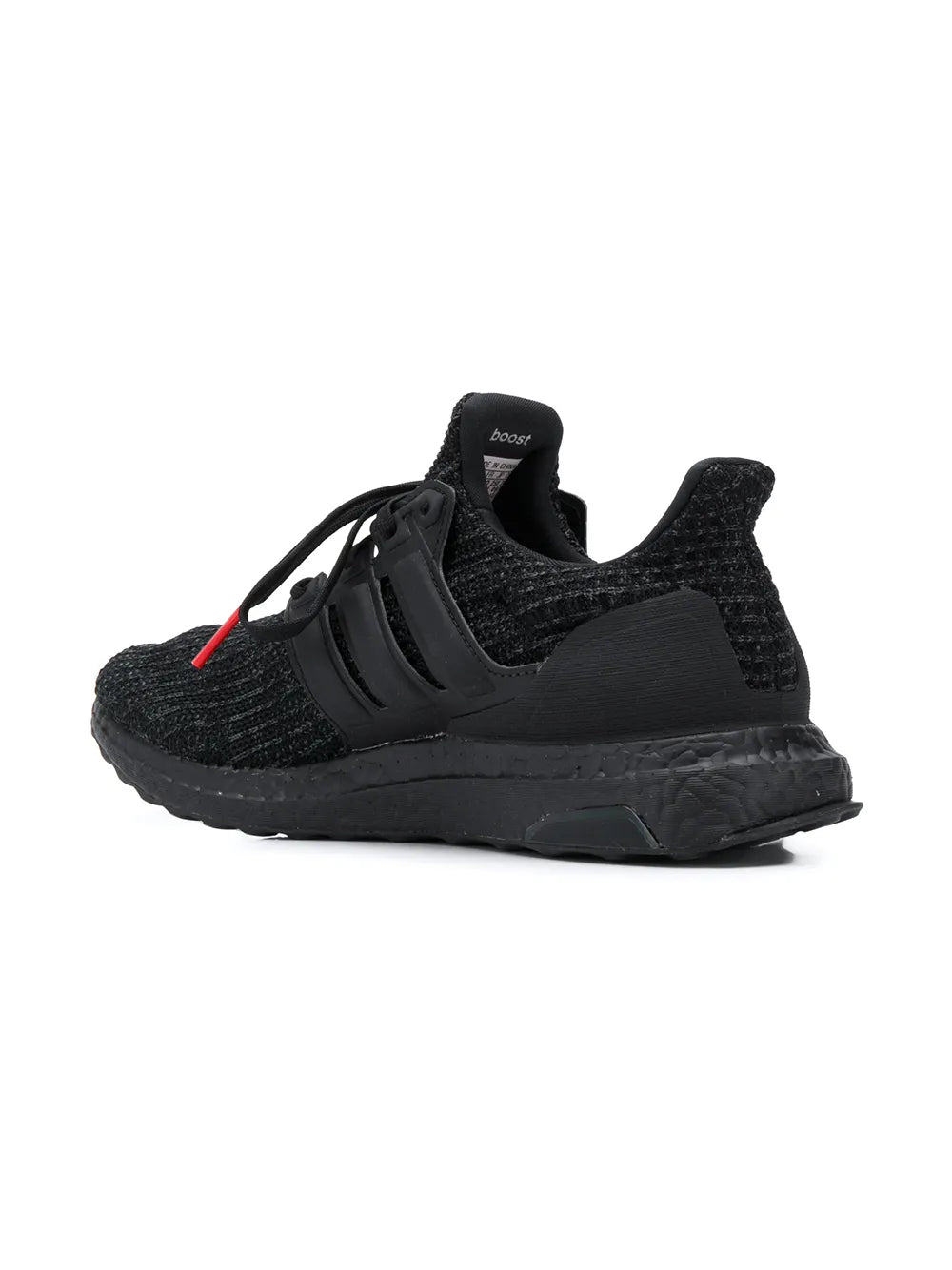 Black adidas running sneaker with sculpted heel, knit collar, and red accent laces